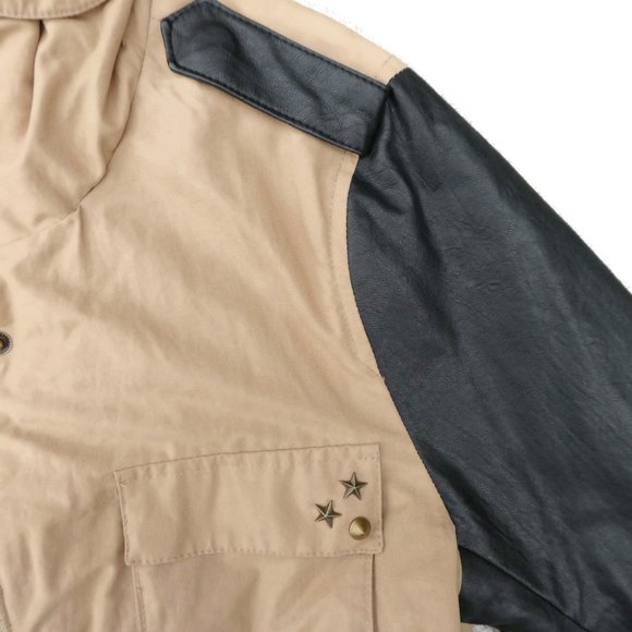 Steve Madden Jacket Cargo Safari Contrasting Faux Leather Sleeves Quilted Hood M - Picture 5 of 9